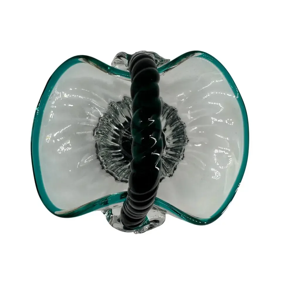 Vintage Hand Blown Art Glass Basket Teal Blue Rim Rope Handle Murano Style